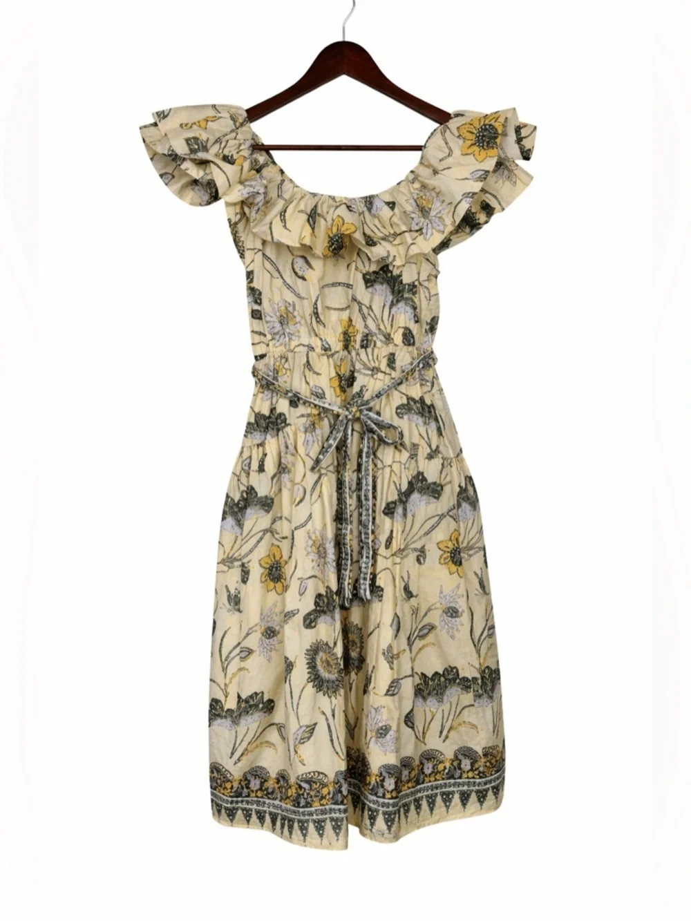 Ulla Johnson Yellow Floral Butterfly Midi Dress Sz 2 Boho Cotton Belted - Picture 6 of 11